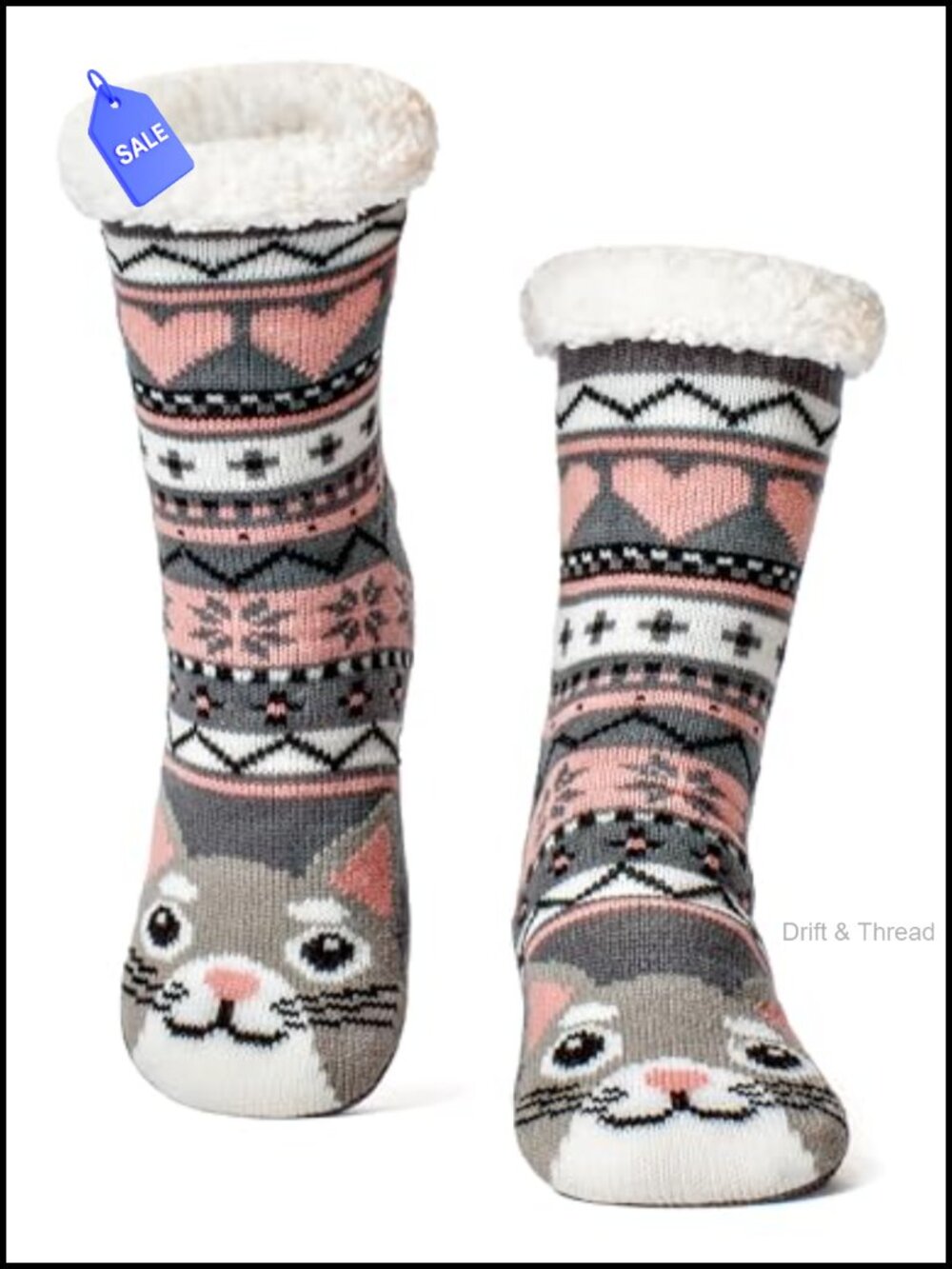 Fuzzy Sherpa-Lined Slipper Socks Non-Slip Grips Cat Design Women Size 6-10